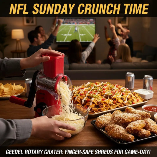 NFL Sunday Crunch Time: Geedel Rotary Grater’s Finger-Safe Shreds for Game-Day Loaded Nachos & Wings
