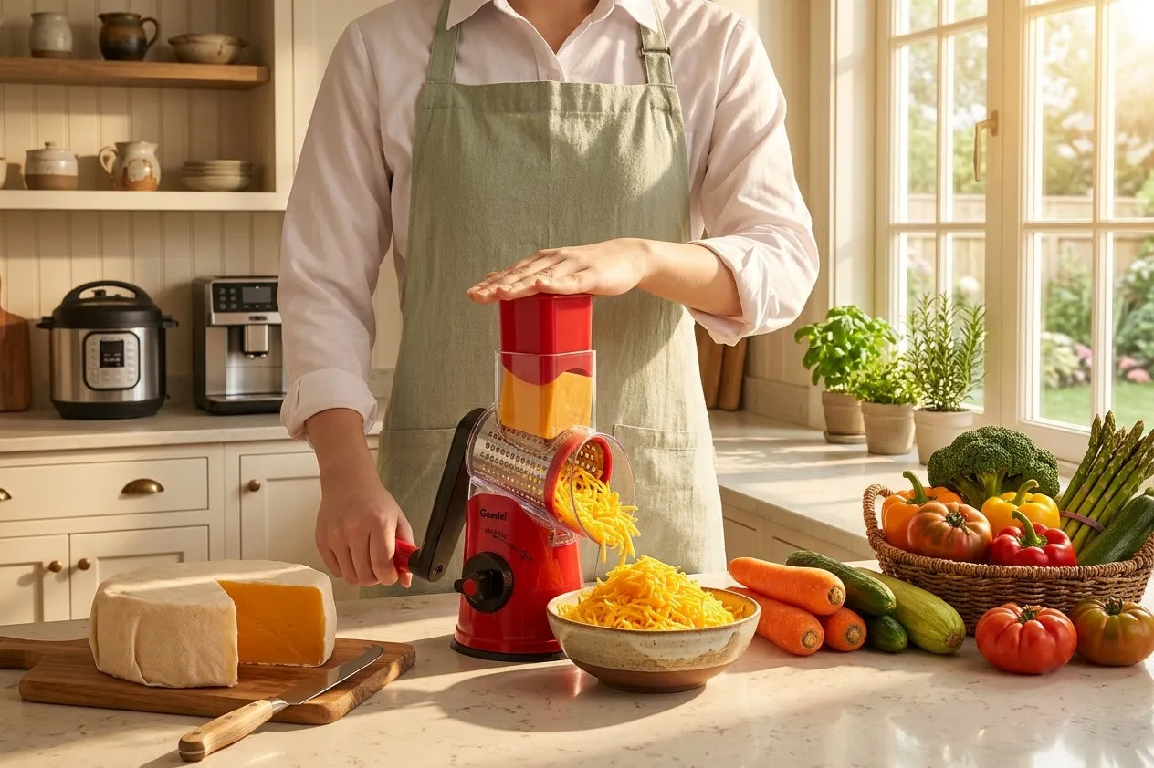 A warm, sunlit American kitchen counter with fresh vegetables, a block of cheddar cheese, and a bowl of freshly shredded cheese next to a modern rotary grater.