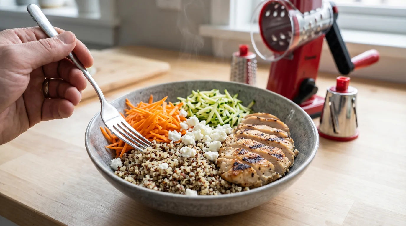 Veggie Cheese Protein Bowl – A High-Protein Meal Made Easier with a Rotary Cheese Grater