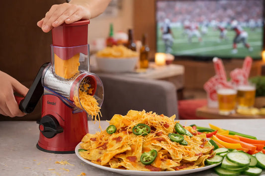 Hand cranking the Geedel Rotary Cheese Grater to shred cheese onto nachos with fresh sliced veggies, ready for a Super Bowl 2026 party.