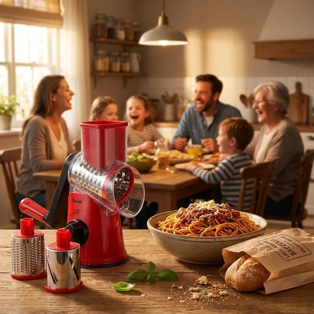 A warm American kitchen with the Geedel Rotary Cheese Grater on the counter beside fresh homemade pasta and bread, family laughing together in the background during golden hour.