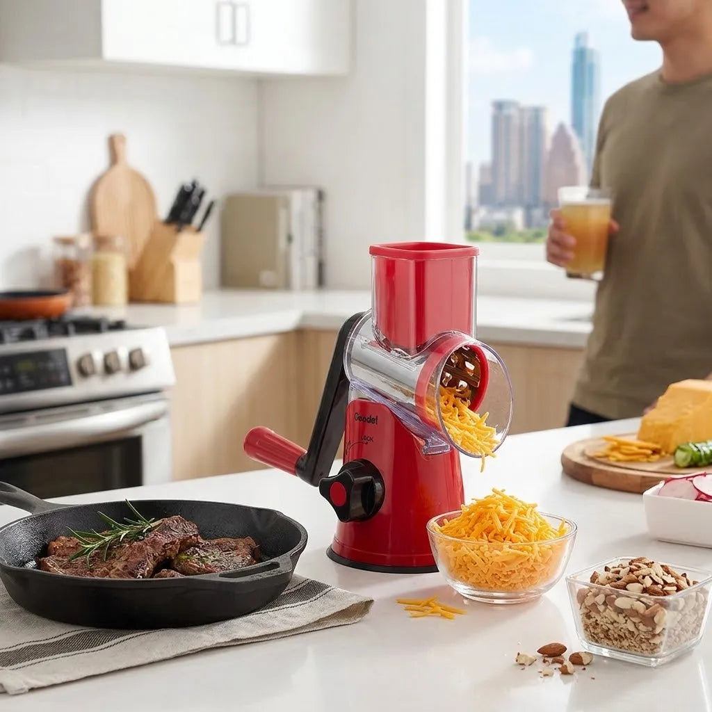 Geedel Rotary Cheese Grater on kitchen island next to sizzling steak tips skillet, bowls of shredded cheddar and crushed almonds, with Austin skyline in background for healthy SXSW gathering.