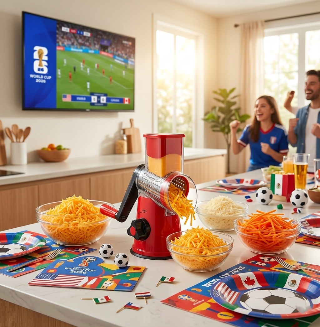Geedel Rotary Cheese Grater surrounded by freshly shredded cheese and vegetables at a World Cup 2026 watch party setup.