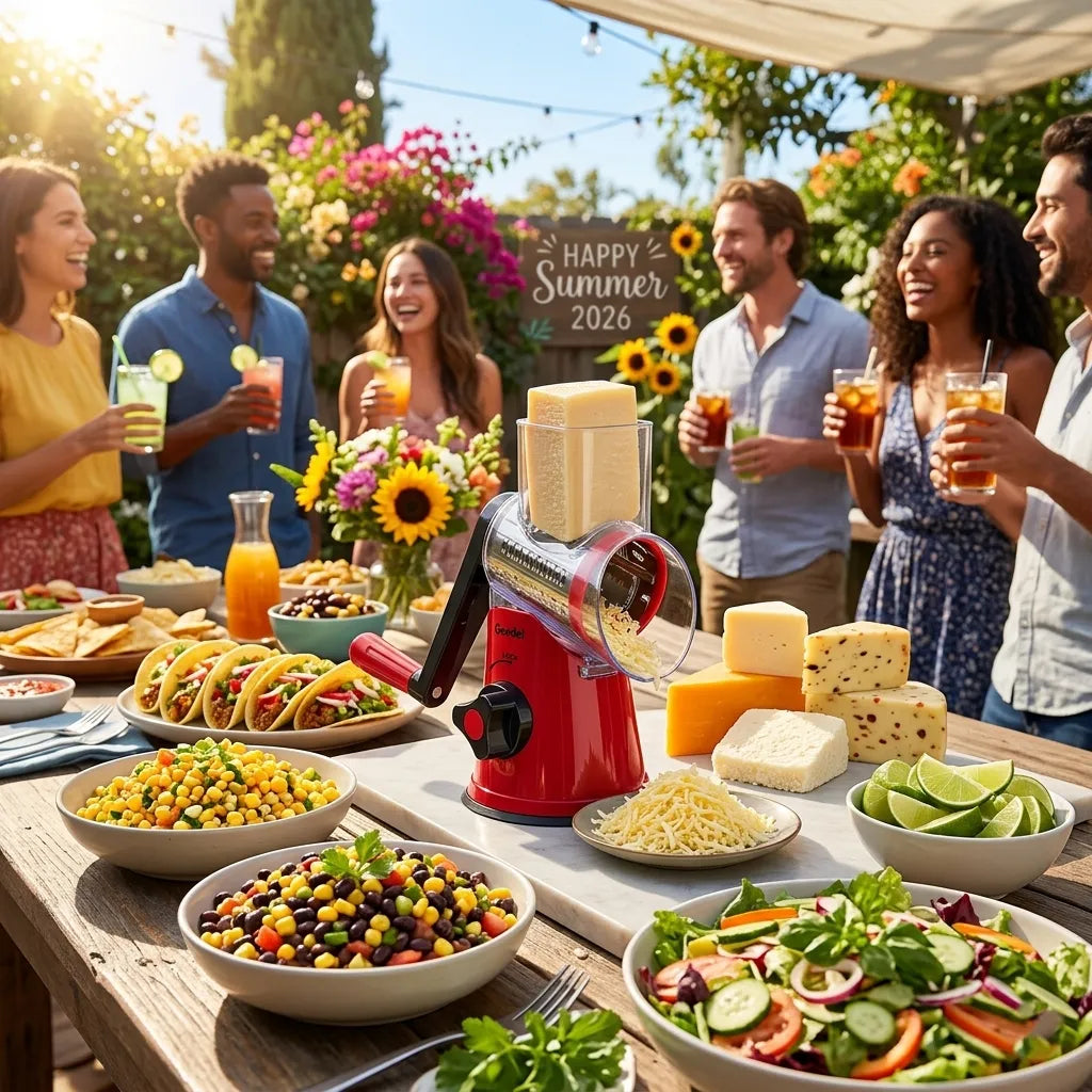 Geedel Rotary Cheese Grater centered on a sunny outdoor summer party table with a colorful taco bar, fresh cheeses, and limes, guests enjoying the garden party in the background.