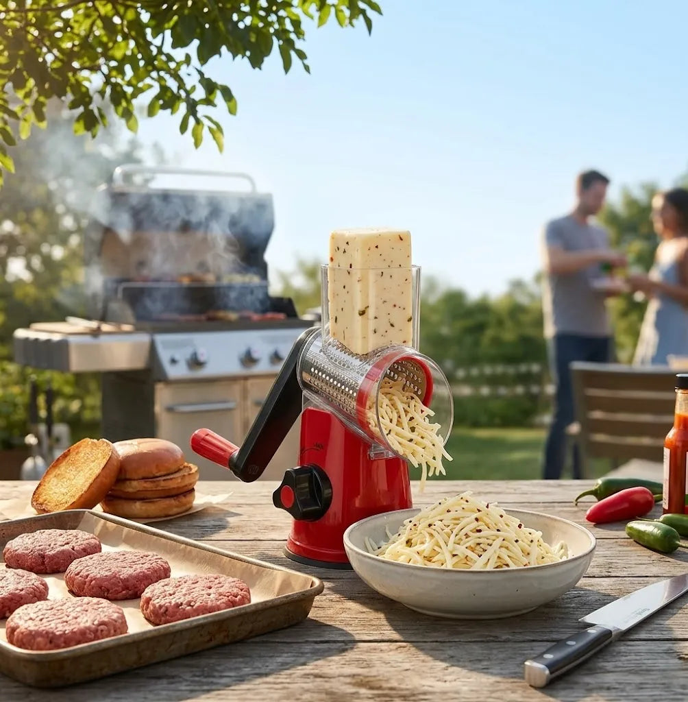 Geedel Rotary Cheese Grater on a backyard BBQ table with burger patties, buns, and freshly shredded cheese near a grill.