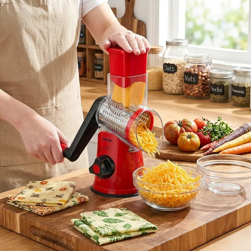 Geedel Rotary Cheese Grater on a wooden butcher block surrounded by fresh shredded zucchini and carrots in a bright, sustainable zero-waste kitchen with sunlight.