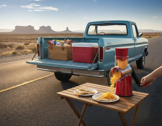 Geedel Rotary Cheese Grater shredding cheese on a road-trip picnic setup next to a pickup truck at golden hour.