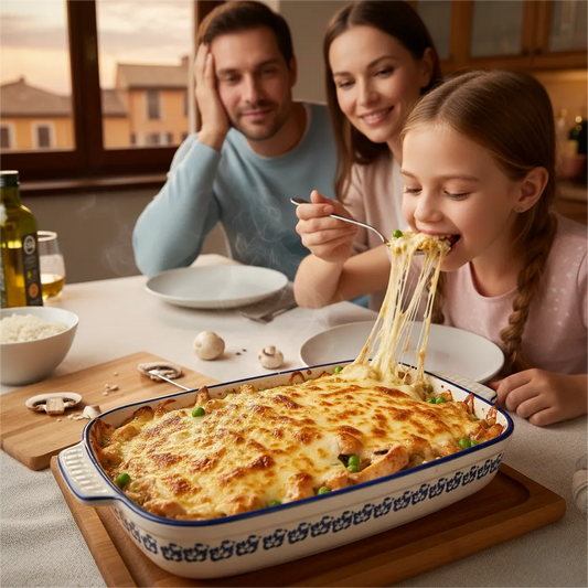 European Family-Style Mushroom &amp; Chicken Baked Rice