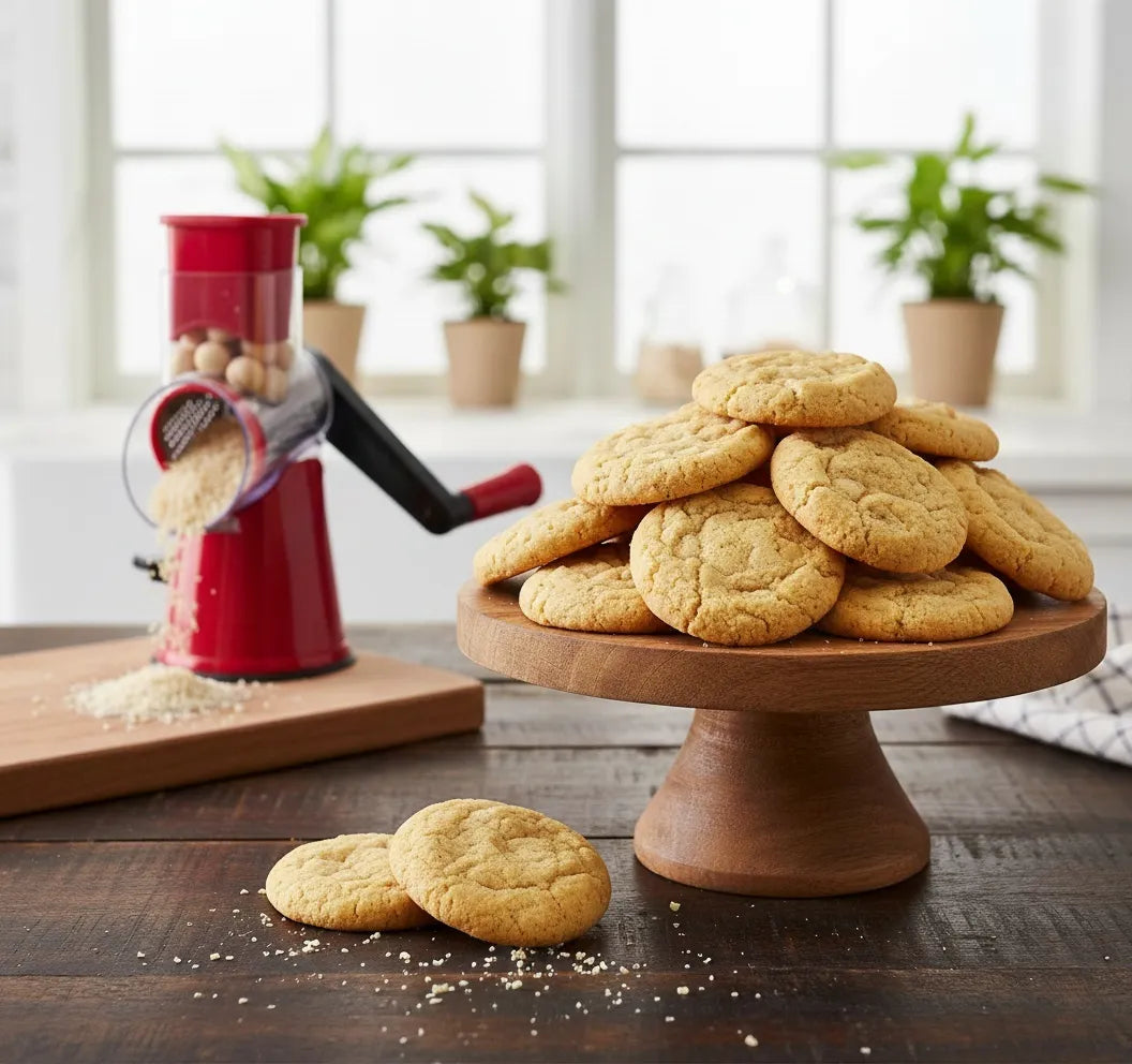 Geedel Rotary Cheese Grater crushing macadamia nuts into coarse crumbs for cookies.