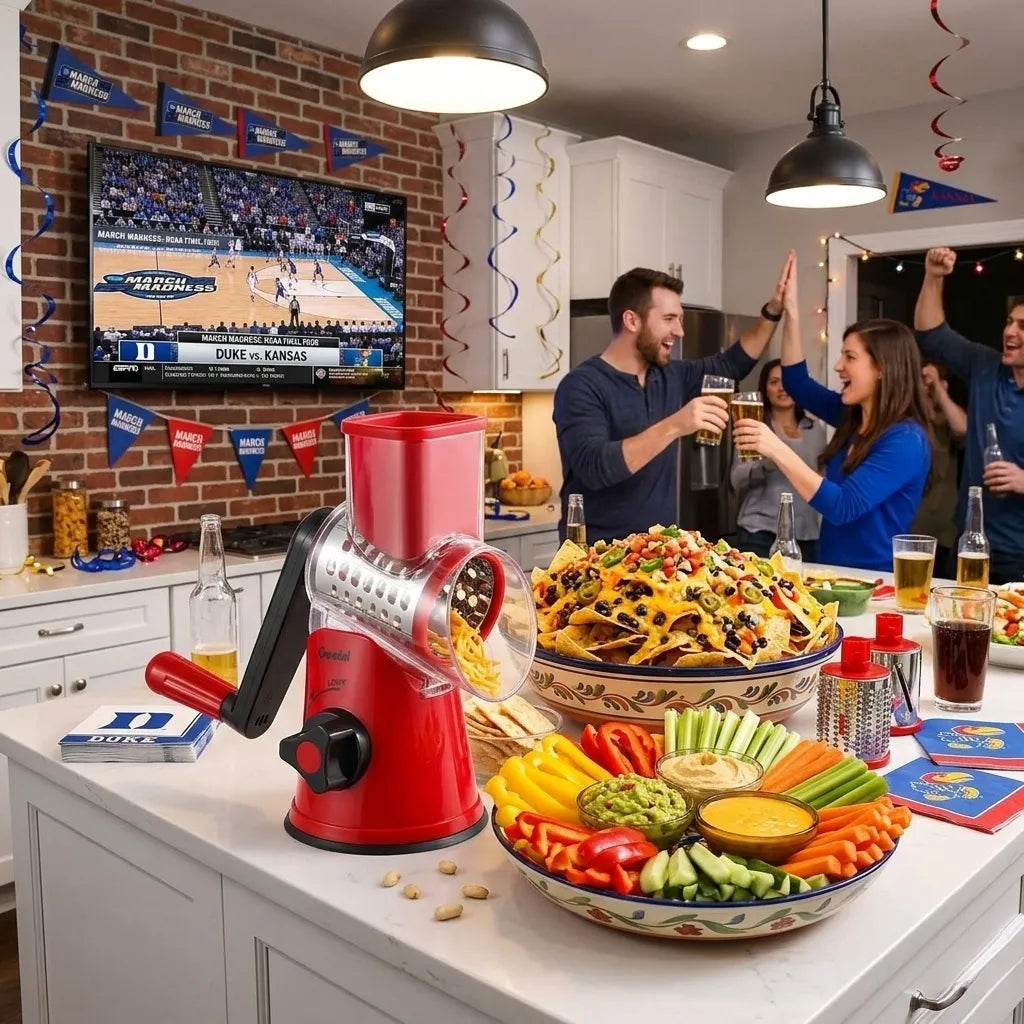 Geedel Rotary Cheese Grater on kitchen island with nachos, veggie sticks, dips, and friends cheering March Madness basketball on TV.
