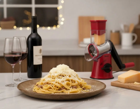 Dimly lit kitchen with a platter of creamy homemade carbonara topped with freshly grated parmesan, red wine, glasses, and a red Geedel Rotary Cheese Grater on marble counter.