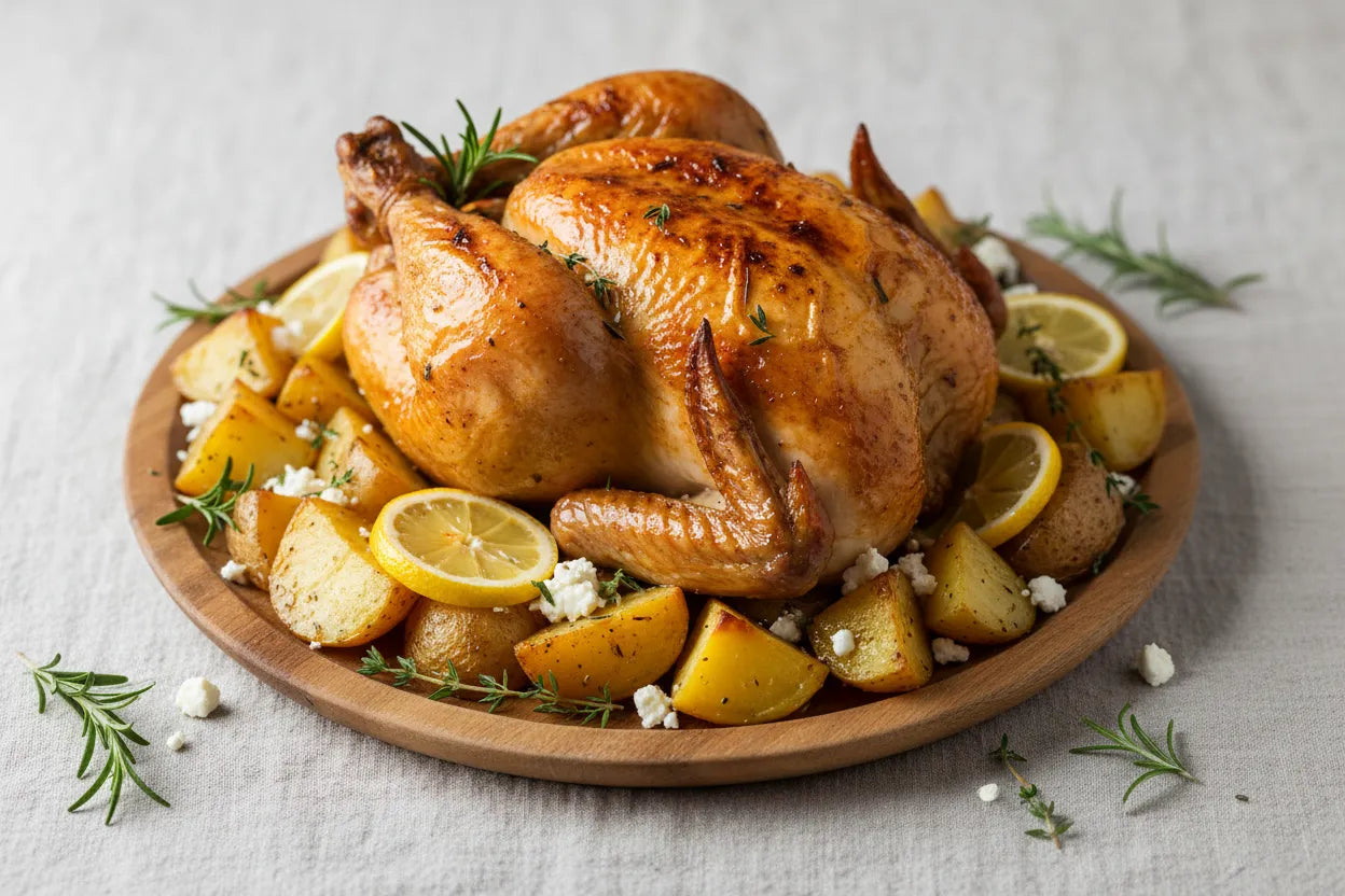 Whole Roasted Chicken with Potatoes, Lemon, Herbs, and Feta