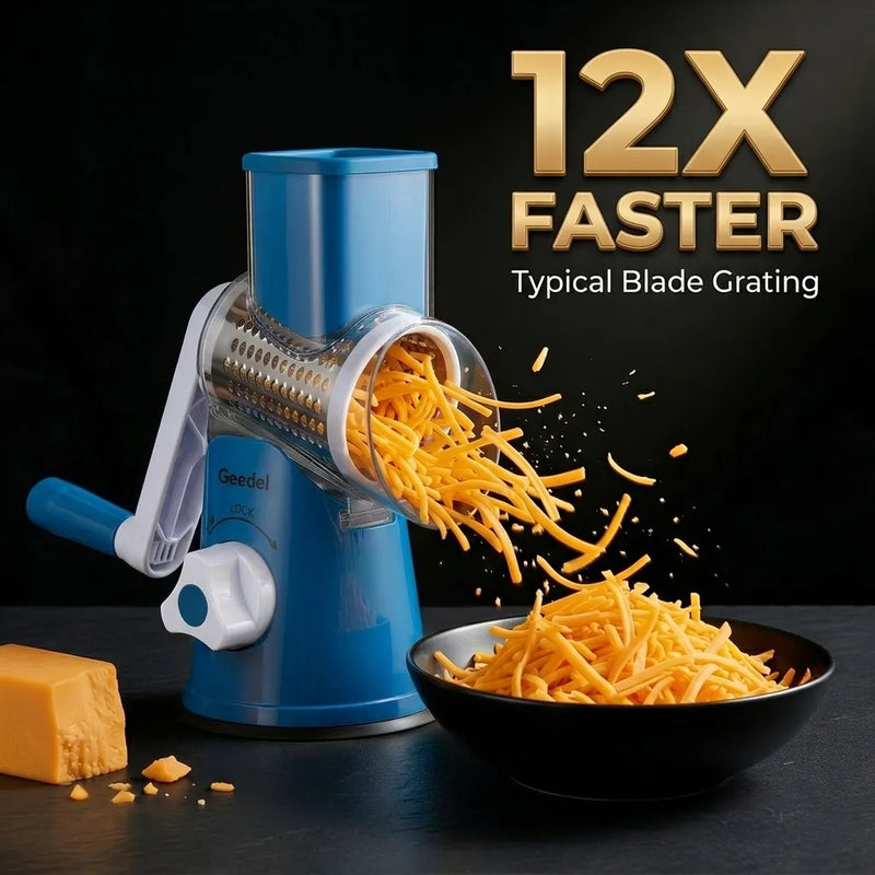 A product shot of the Geedel suction-base rotary grater, demonstrating high-speed shredding of cheddar cheese.