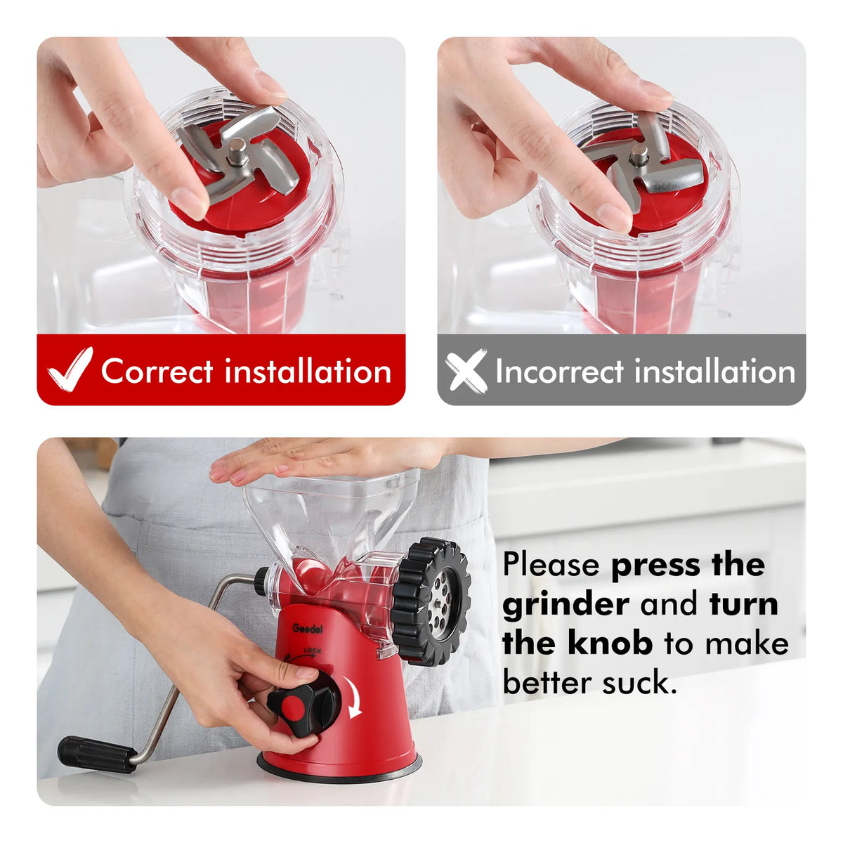 Geedel Manual Meat Grinder: Effortless Home Grinding with 2 Stainless Steel Changeable Blades & Easy Clean-Up