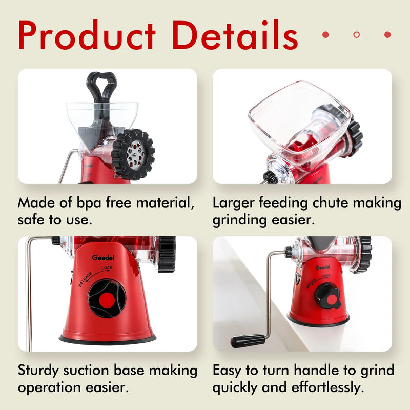 Geedel Manual Meat Grinder: Effortless Home Grinding with 2 Stainless Steel Changeable Blades & Easy Clean-Up