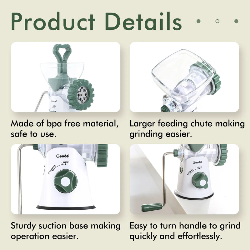 Geedel Manual Meat Grinder: Effortless Home Grinding with 2 Stainless Steel Changeable Blades & Easy Clean-Up