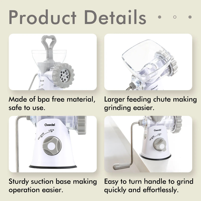 Geedel Manual Meat Grinder: Effortless Home Grinding with 2 Stainless Steel Changeable Blades & Easy Clean-Up