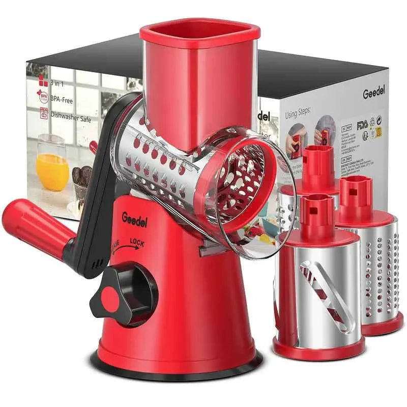 Geedel rotary cheese grater with five interchangeable blades for shredding cheese, slicing vegetables, and easy meal prep.