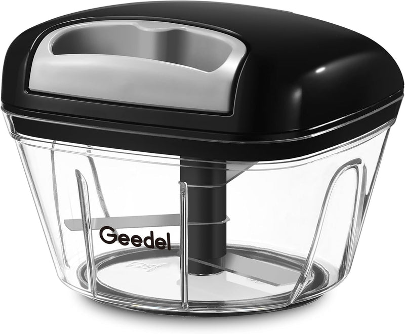 Picadora de tirador Geedel, procesador de alimentos manual, picadora de verduras, picadora de cebolla para verduras, frutas, frutos secos, ensaladas y hierbas, capacidad para 2 tazas 