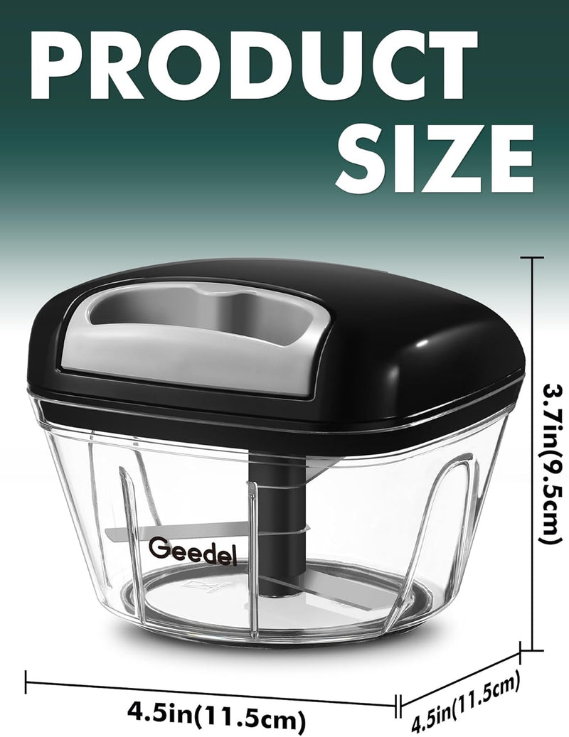 Picadora de tirador Geedel, procesador de alimentos manual, picadora de verduras, picadora de cebolla para verduras, frutas, frutos secos, ensaladas y hierbas, capacidad para 2 tazas 