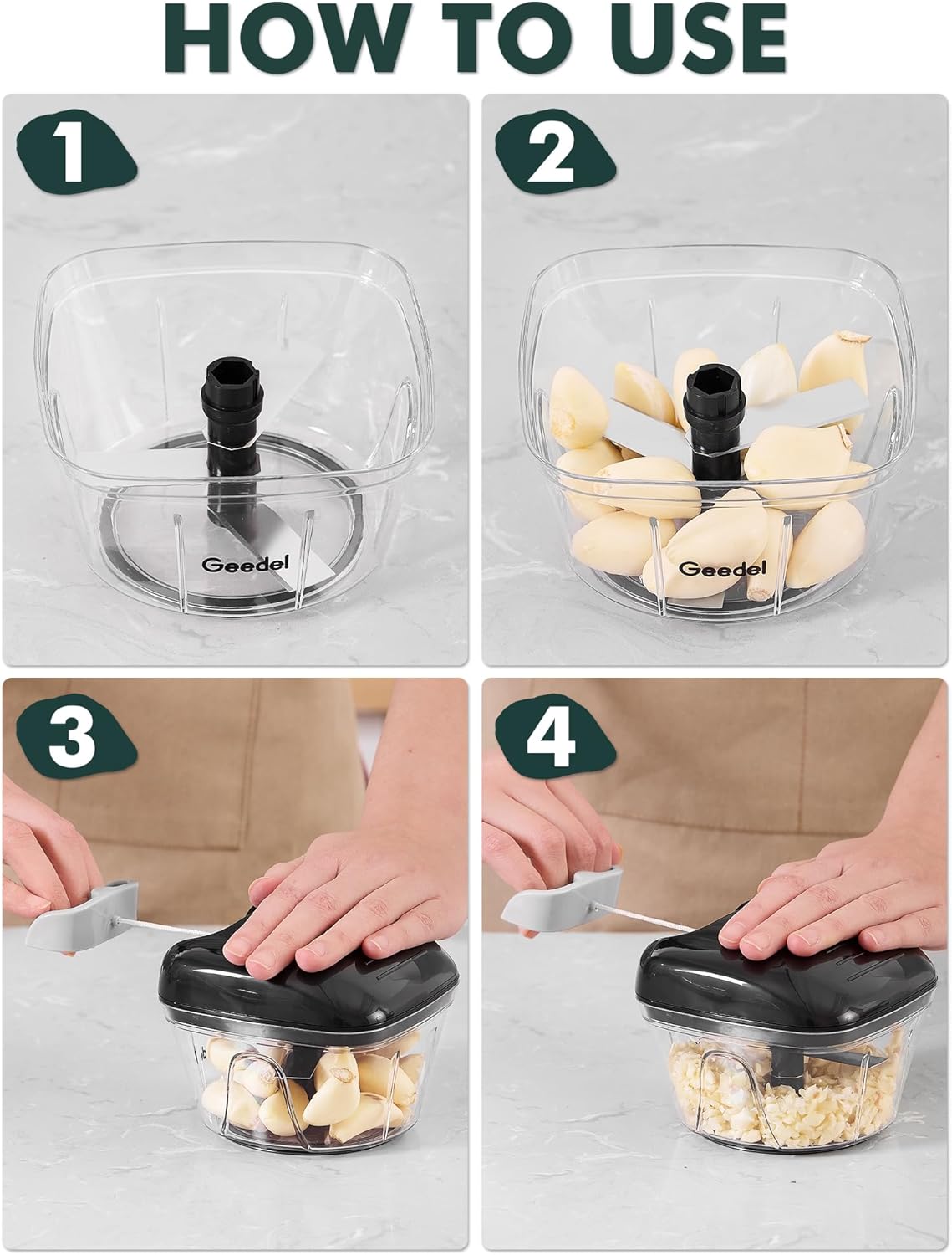 Picadora de tirador Geedel, procesador de alimentos manual, picadora de verduras, picadora de cebolla para verduras, frutas, frutos secos, ensaladas y hierbas, capacidad para 2 tazas 
