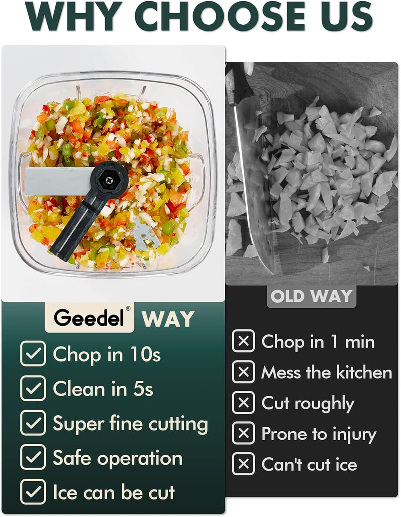Picadora de tirador Geedel, procesador de alimentos manual, picadora de verduras, picadora de cebolla para verduras, frutas, frutos secos, ensaladas y hierbas, capacidad para 2 tazas 