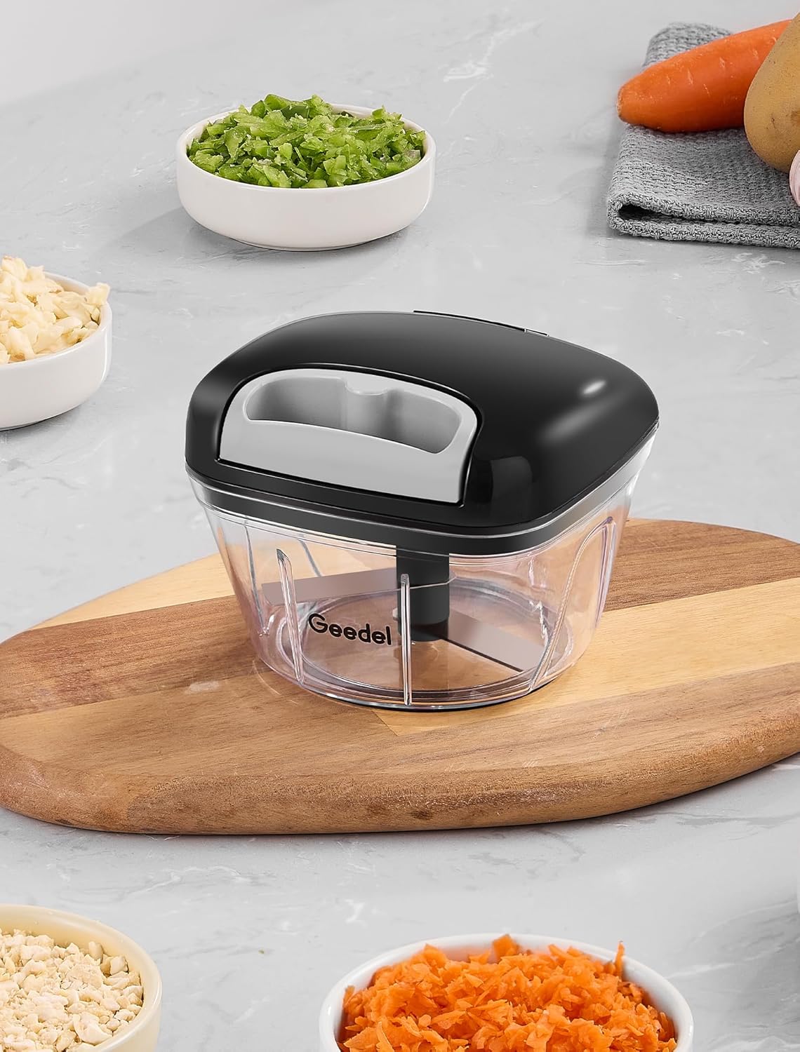 Picadora de tirador Geedel, procesador de alimentos manual, picadora de verduras, picadora de cebolla para verduras, frutas, frutos secos, ensaladas y hierbas, capacidad para 2 tazas 
