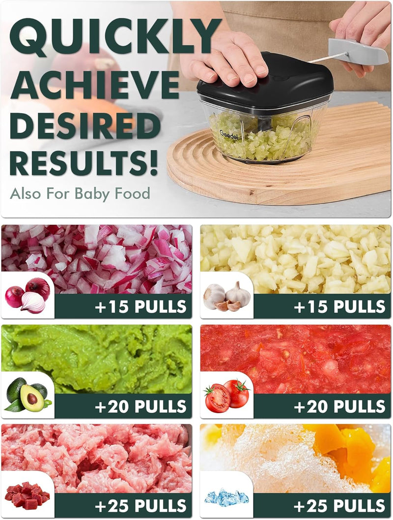 Picadora de tirador Geedel, procesador de alimentos manual, picadora de verduras, picadora de cebolla para verduras, frutas, frutos secos, ensaladas y hierbas, capacidad para 2 tazas 