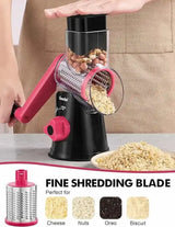 Black and rosy Geedel rotary cheese grater using the fine shredding blade for parmesan cheese, pasta, and garnish.