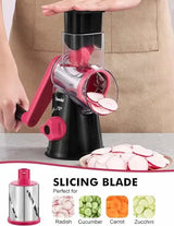 Black and rosy Geedel rotary cheese grater slicing vegetables with the slicing blade for salads and everyday cooking.