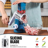 Blue and white Geedel rotary cheese grater slicing vegetables with the slicing blade for salads, potatoes, and meal prep.