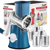 Geedel blue and white rotary cheese grater with 5 interchangeable blades for shredding cheese and slicing vegetables.
