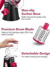 The storage-friendly detachable design and non-slip base of a mandoline drum slicer.