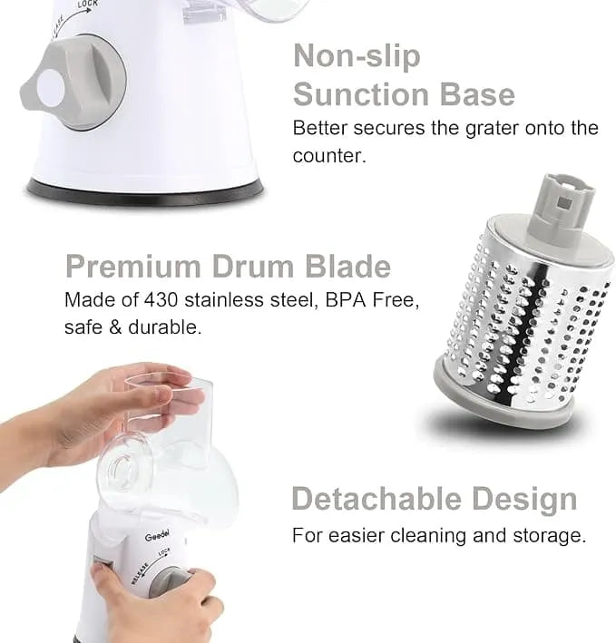 Manual vegetable slicer features showing a secure counter suction base, premium stainless steel blade, and detachable parts.