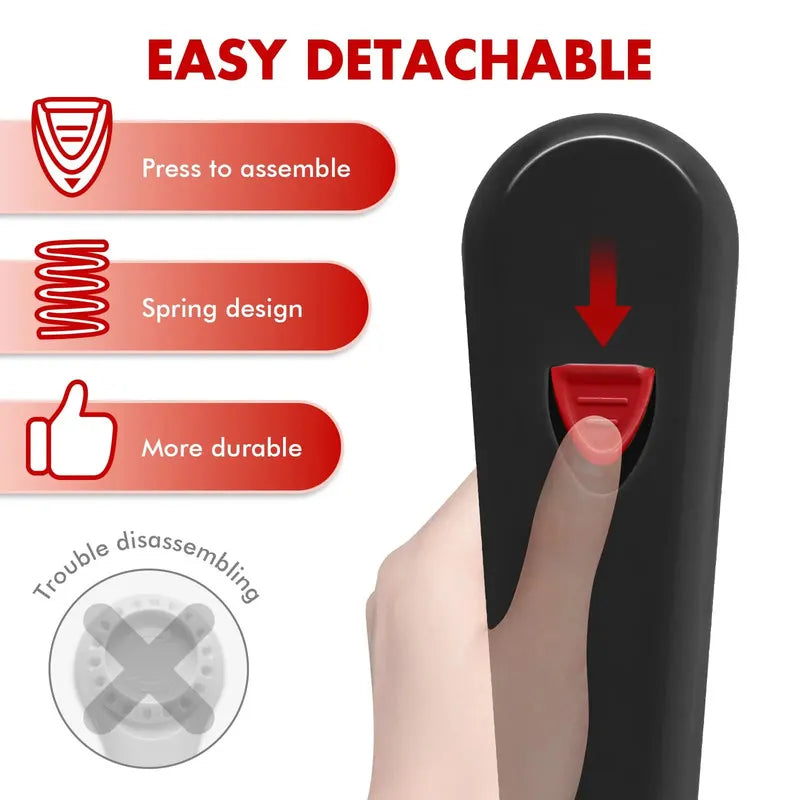 Hand pressing a red button on a Geedel rotary grater black handle, demonstrating the easy detachable spring design.