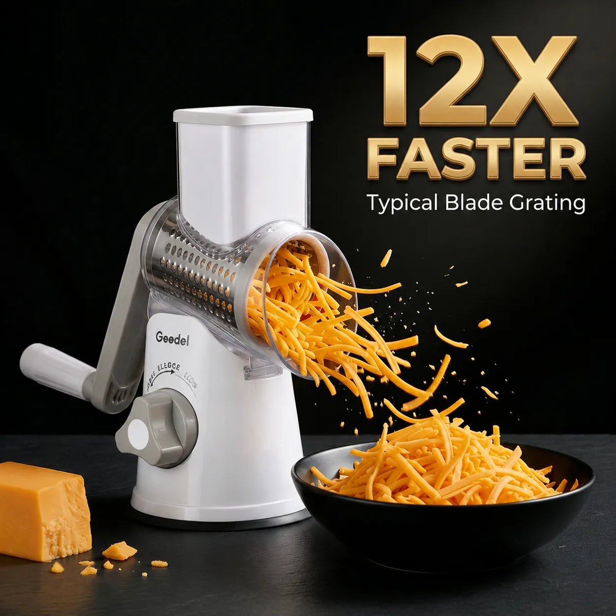 A product shot of the Geedel suction-base rotary grater, demonstrating high-speed shredding of cheddar cheese.