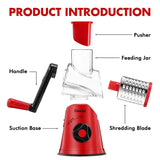 Exploded view diagram of a Geedel rotary grater showing pusher, feeding jar, shredding blade, suction base, and handle.