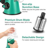 Infographic of green Geedel rotary grater highlighting non-slip suction base, 430 stainless steel drum blade, and detachable design.
