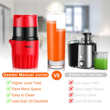 Exprimidor manual portátil Geedel - Fácil de exprimir, prensado en frío - Exprimidor manual no eléctrico para bebidas saludables