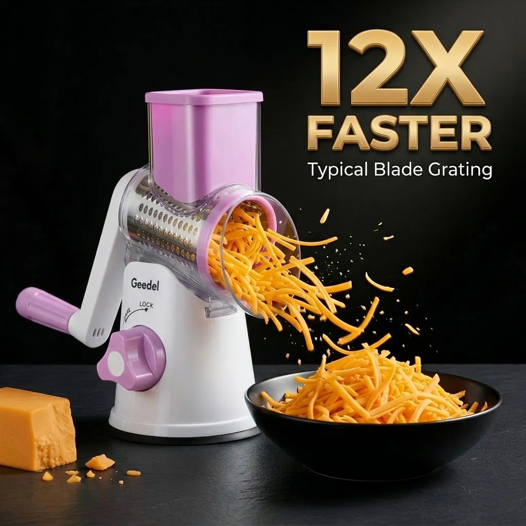 A product shot of the Geedel suction-base rotary grater, demonstrating high-speed shredding of cheddar cheese.