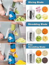 Geedel slicing, shredding, and fine shredding blades preparing vegetables and cheese.