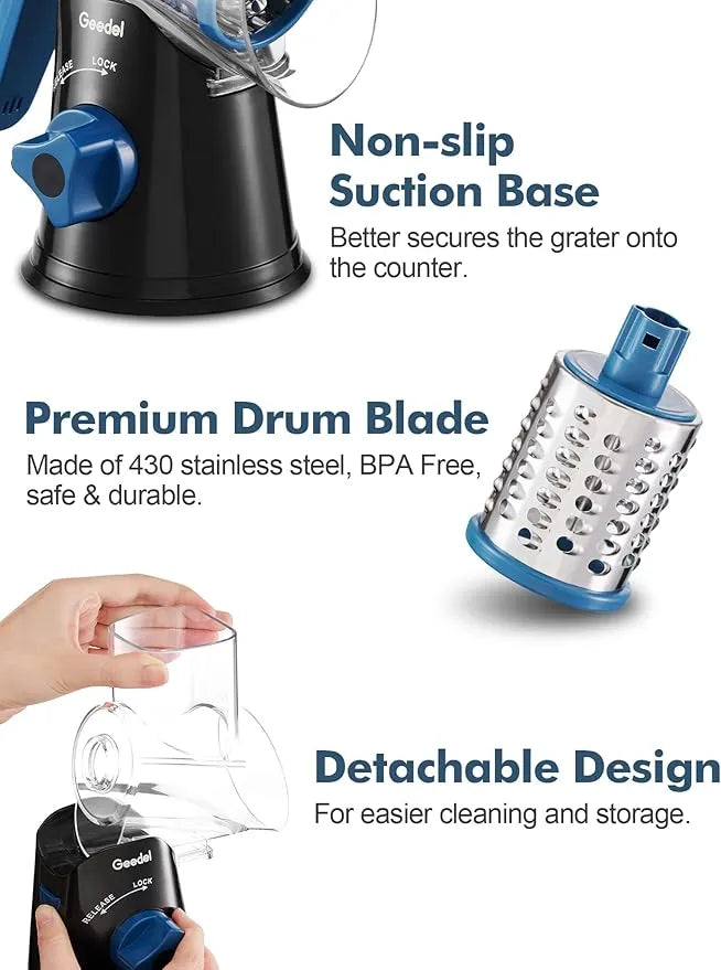 Feature breakdown of Geedel green rotary shredder showing the blade, non-slip base, and detachable food jar.