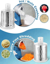 Two replacement blades for Geedel grater showing ice crushing and extra fine carrot shredding capabilities.