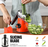 Orange and black Geedel rotary cheese grater slicing vegetables with the slicing blade for easy salad and meal prep.