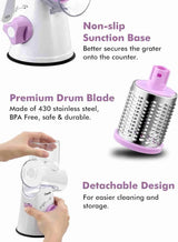 Kitchen drum grater showcasing its BPA-free stainless steel blade and stable non-slip suction base.