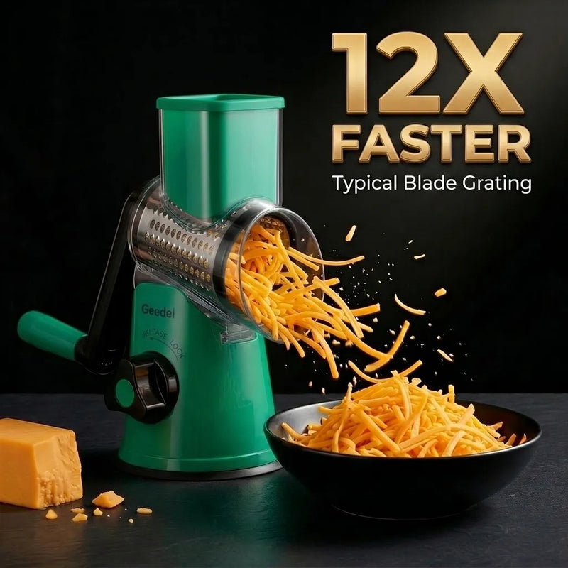 A product shot of the Geedel suction-base rotary grater, demonstrating high-speed shredding of cheddar cheese.