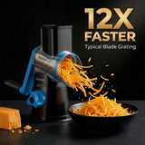 A product shot of the Geedel suction-base rotary grater, demonstrating high-speed shredding of cheddar cheese.