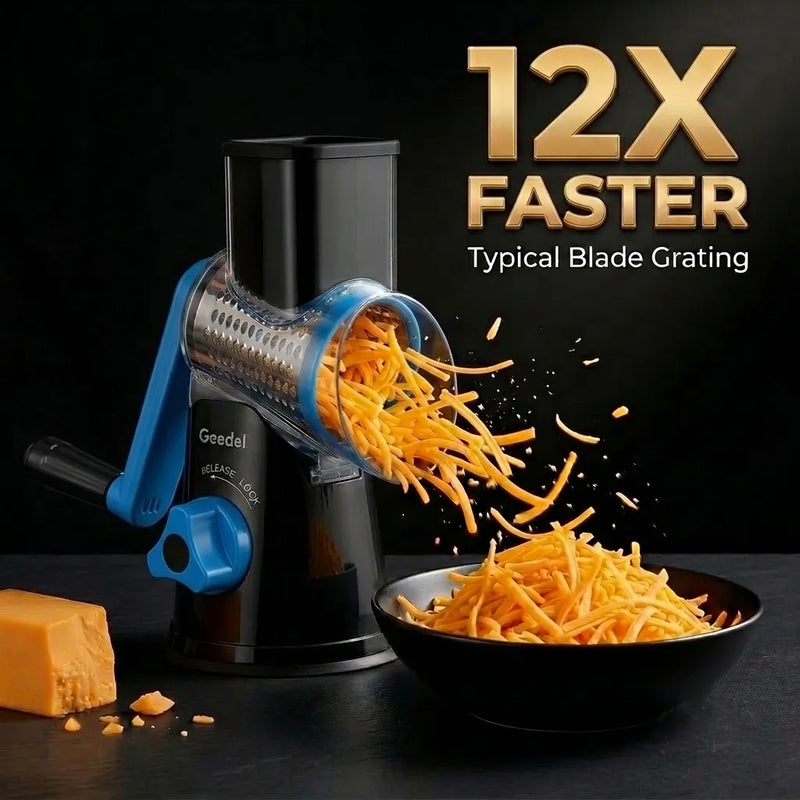 A product shot of the Geedel suction-base rotary grater, demonstrating high-speed shredding of cheddar cheese.