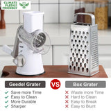 White and grey Geedel rotary cheese grater shown beside a box grater for easier cheese shredding and vegetable prep.