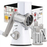 Geedel white and grey rotary cheese grater with 3 blades for cheese shredding and vegetable slicing.